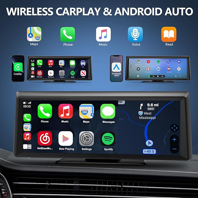 Wireless CarPlay Screen with 2K Dash Cam, 8.1" Portable Touchscreen Car ...