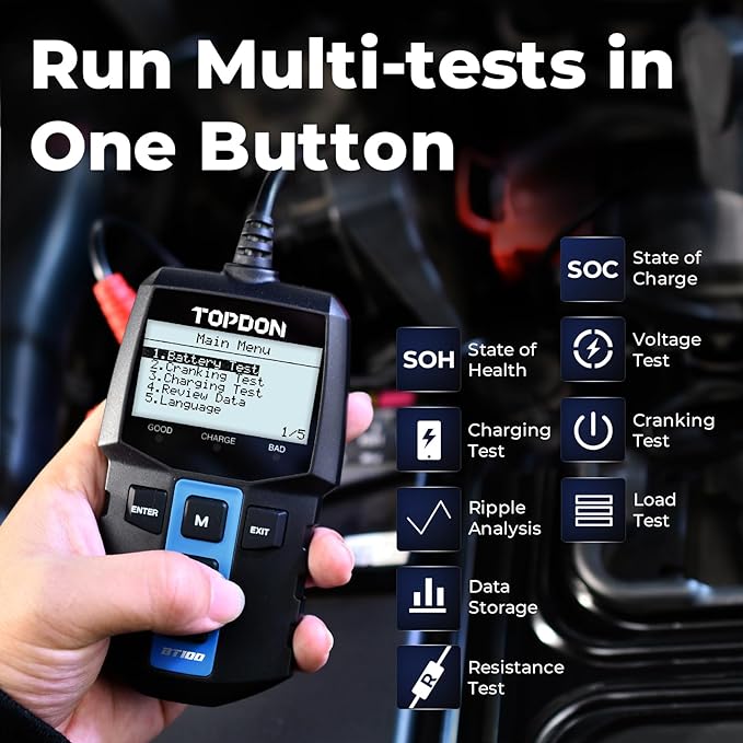 TOPDON BT100 Car Battery Tester 12V Load Tester, 100-2000 CCA Automotive