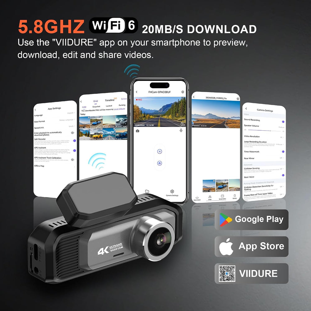 4K+4K Dash Cam Front and Rear, 5.8GHz WiFi 6, Night Vision, Free 32GB Card