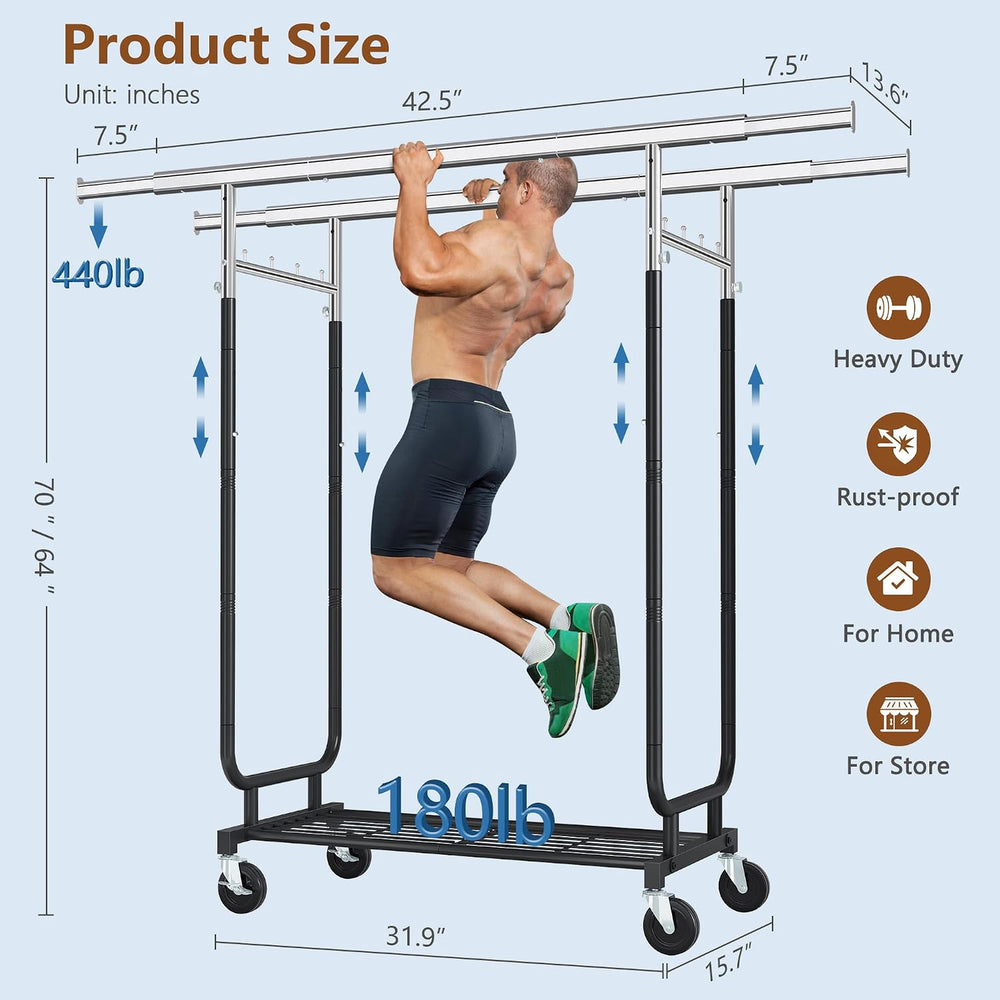 Heavy Duty Rolling Clothes Rack, 620 LBS Load Double Rod Adjustable Garment R...