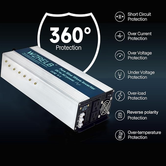 WZRELB 4000W Pure Sine Wave Inverter, Car Power Inverter 12V DC to 110V 120V AC