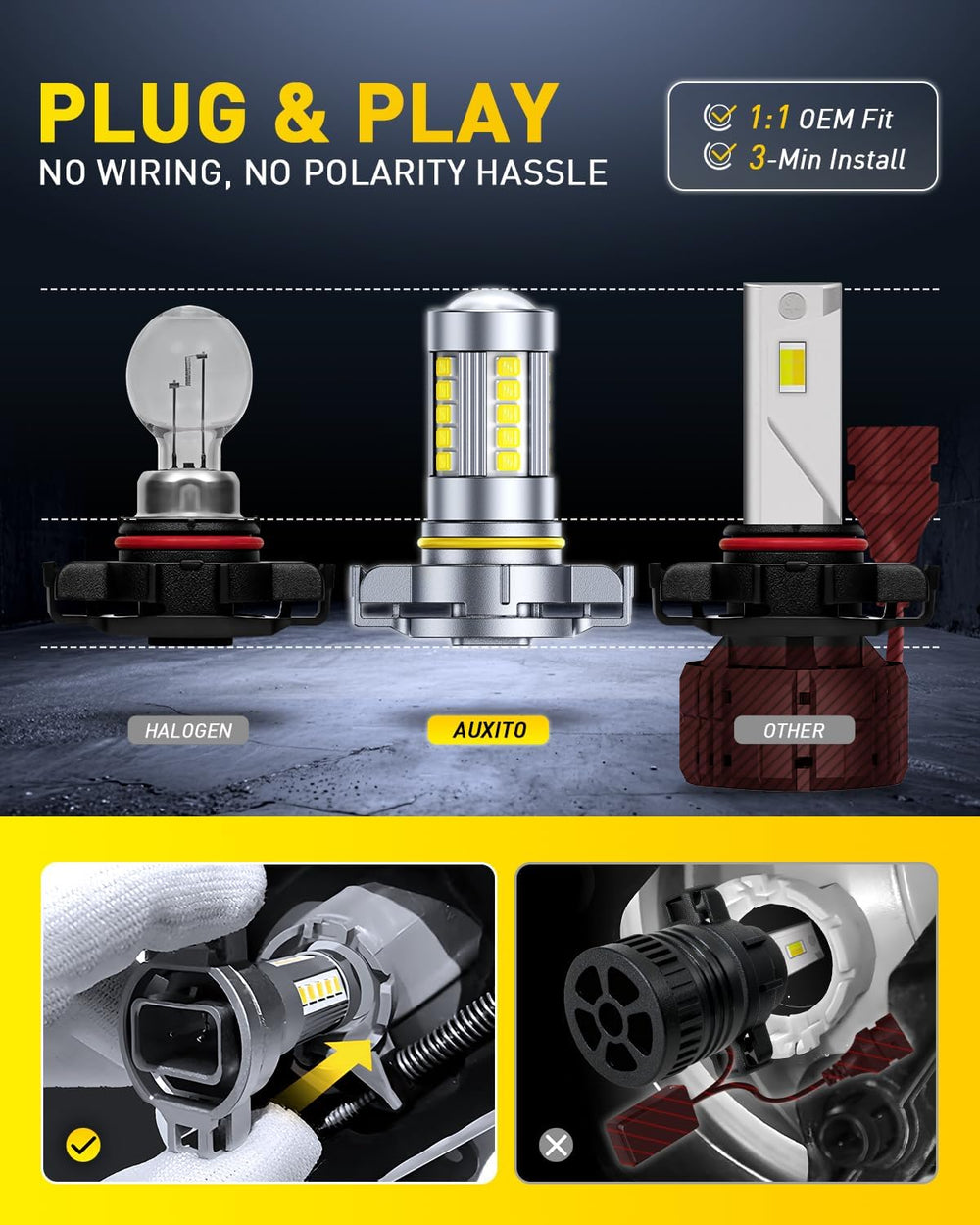 AUXITO 2504/PSX24W LED Fog Light Bulbs 6500K White 500% High Brightness