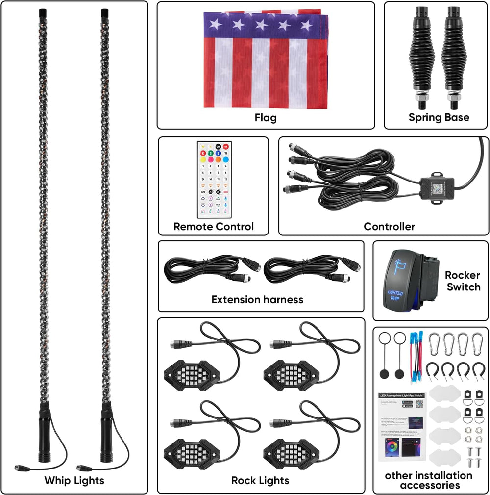 2PCS 4FT Whip Light and 4PCS Rock Light Combo Kit with Spring Base, Switch, A...