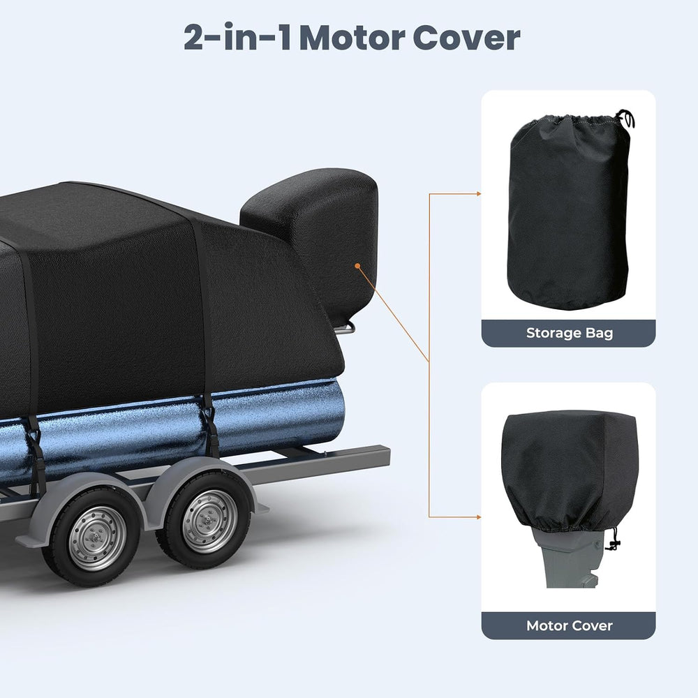 Pontoon Boat Cover, 1400D Reinforced, Motor Cover, 21-24ft, Black