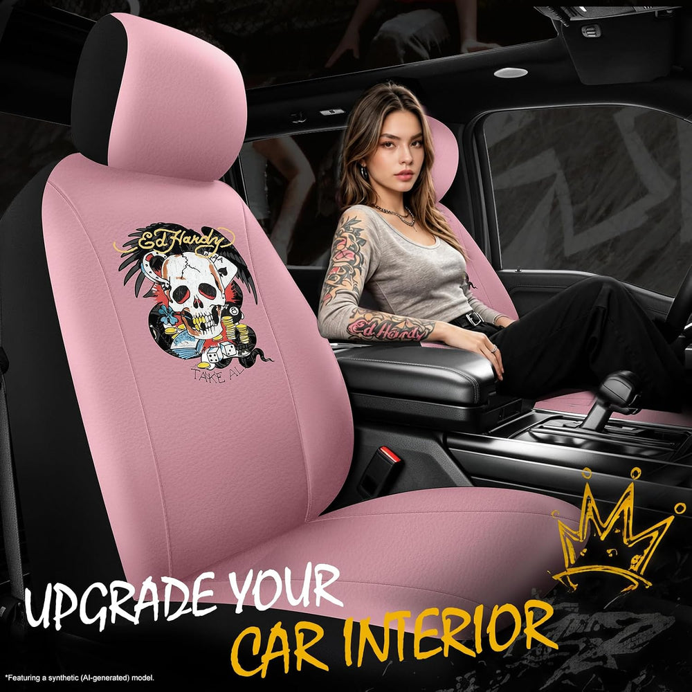 ED HARDY Casino Skull Car Seat Covers, Pink Premium Leather Seat Covers