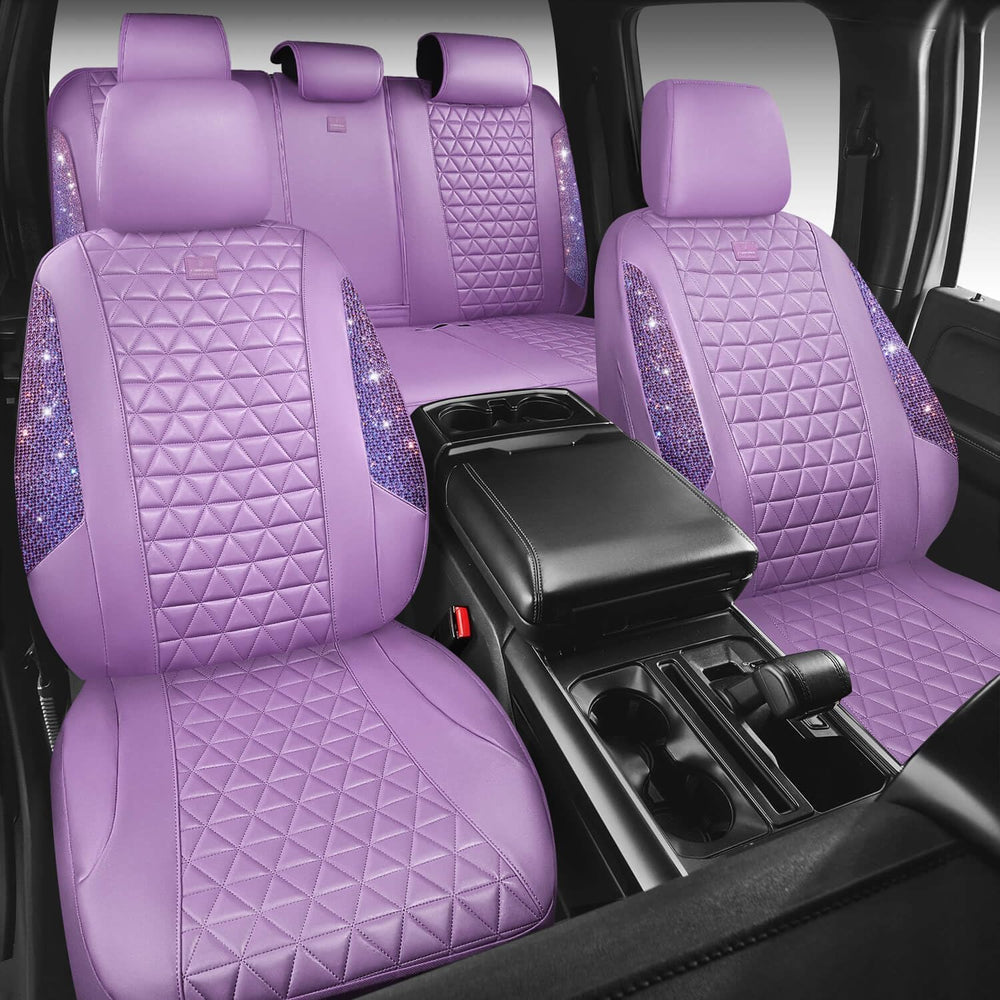 CAR PASS Light Purple Bling Diamond Leather Car Seat Covers Full Sets, Waterp...