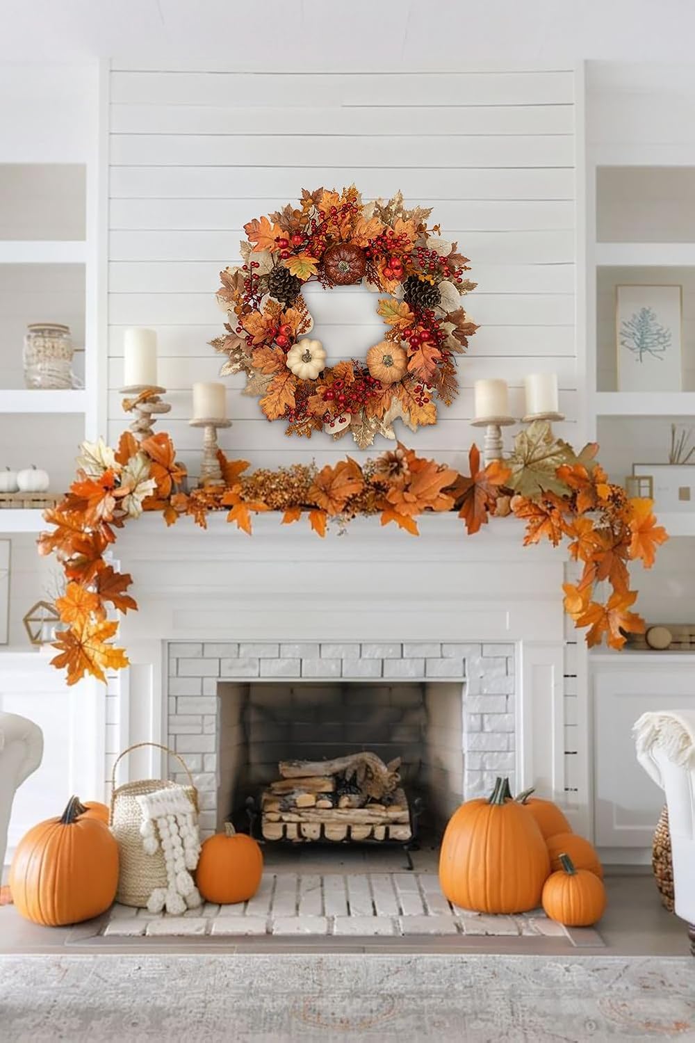 22" Artificial Fall Wreath for Front Door Autumn Harvest Wreath with Pum...