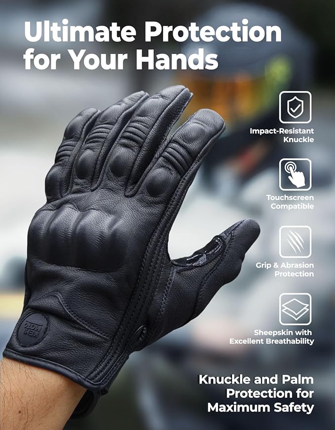 KEMIMOTO Motorcycle Leather Gloves, Sheepskin Protective Gloves