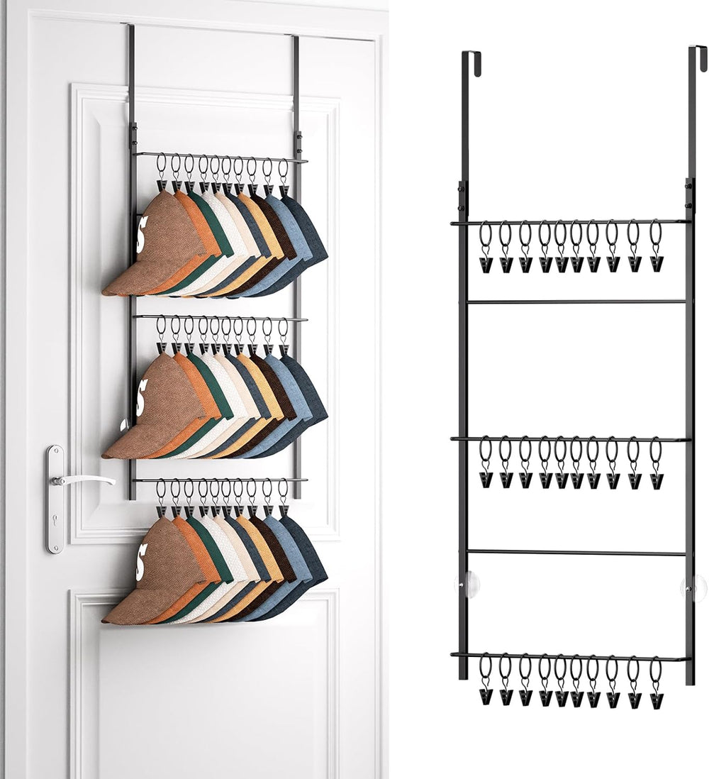 HapiRm Over Door Hat Rack - 3 Tier Wall Mounted Hat Organizer with 30 Movable...
