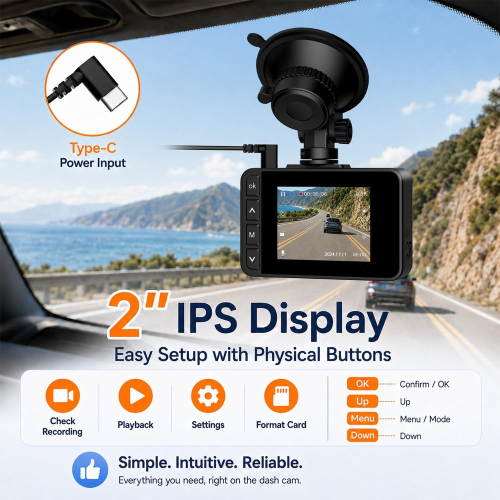 Dash Cam Front and Rear, 2.5K+1080P Dual Camera for Cars, 2" IPS Screen