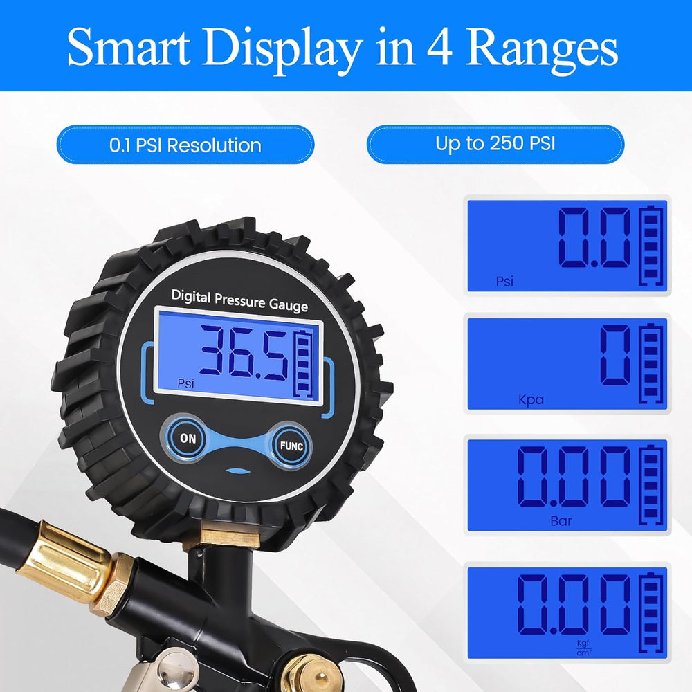 Digital Tire Pressure Gauge with Inflator 250 PSI, Heavy Duty 360° Air Chuck ...