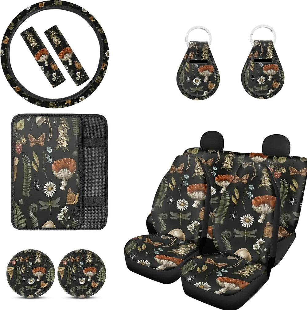 Mushroom Car Seat Covers Full Set of 12 Pcs,Retro Mushroom Auto Steering Whee...