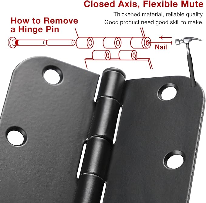 48 Pack Rounded Matte Black Door Hinges 3.5 Inch 5/8" Radius