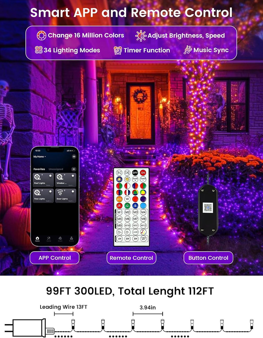 Smart Color Changing Halloween Lights String 112FT 300 LED APP and Remote