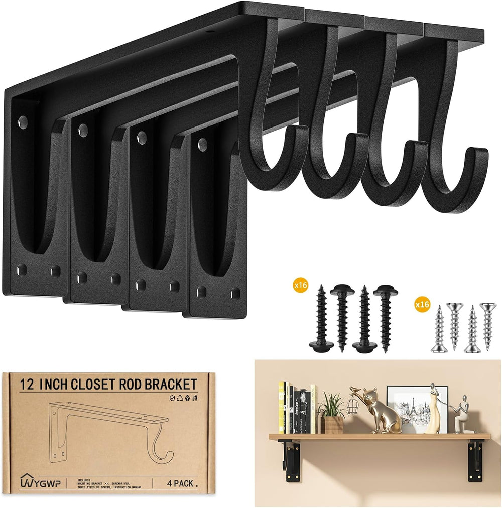 Heavy Duty Closet Rod Support Bracket 400lbs 12x5.6in(4pack Black)
