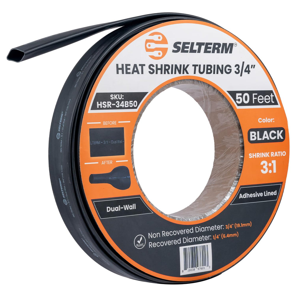 3/4" Black [50 Feet] Marine Grade 3:1 Ratio Heat Shrink Tubing Roll