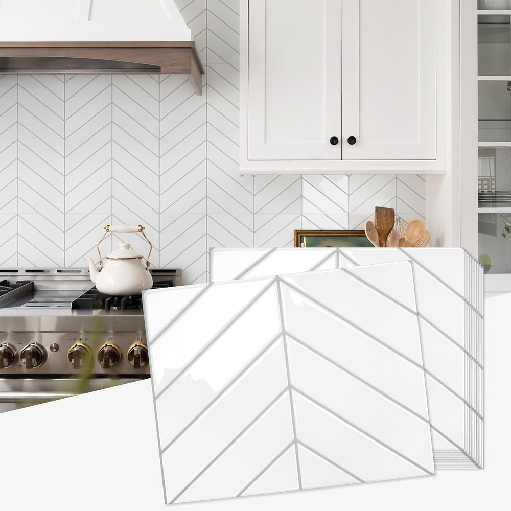 STICKGOO Herringbone Peel and Stick Backsplash, White/Grey Grout, 10 Sheets