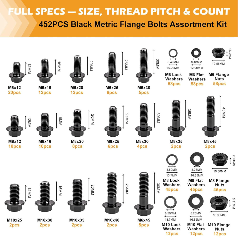Vigrue 452PCS Metric Flange Nuts and Bolts Assortment kit, M6x1.0, M8x1.25, M...
