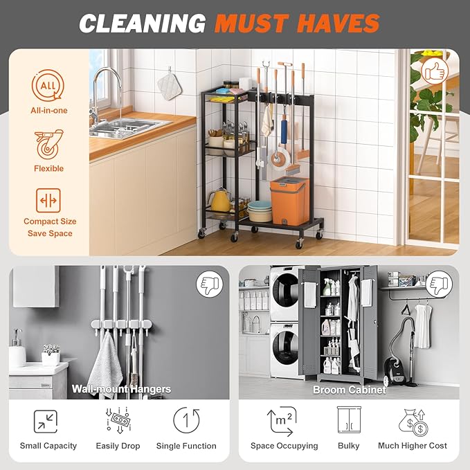 Broom Holder with Cleaning Supplies Organizer, Broom Closet Storage Cabinet