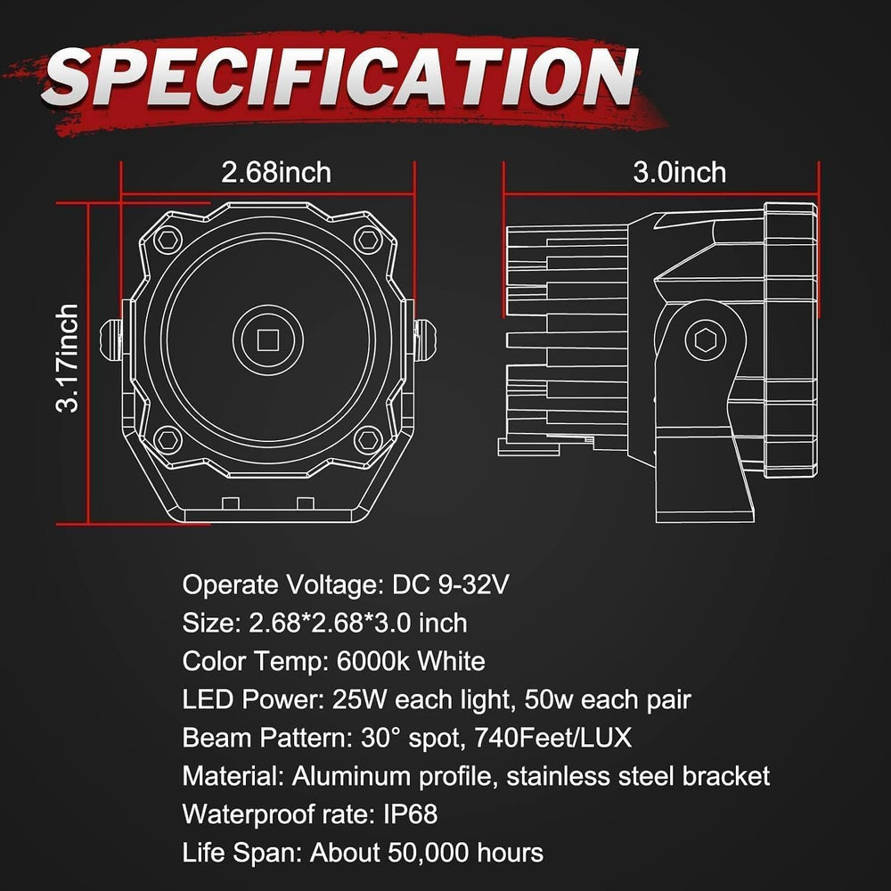 Round LED Fog Light Pods 50W 2PCS Spot LED Off Road Lights Ditch LED Pods