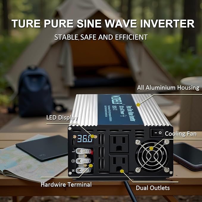 WZRELB 3500W Pure Sine Wave Inverter, Car Power Inverter 36V DC to 110V 120V AC