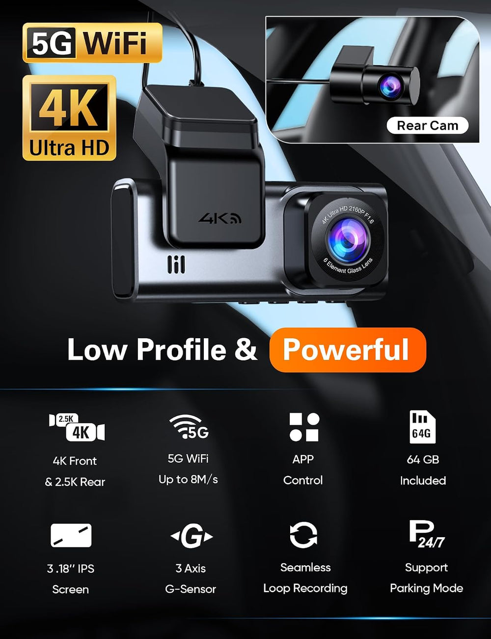4K+2.5K WiFi Dash Cam Front and Rear, Built-in 5G WiFi, Free 64GB Card, Dash ...