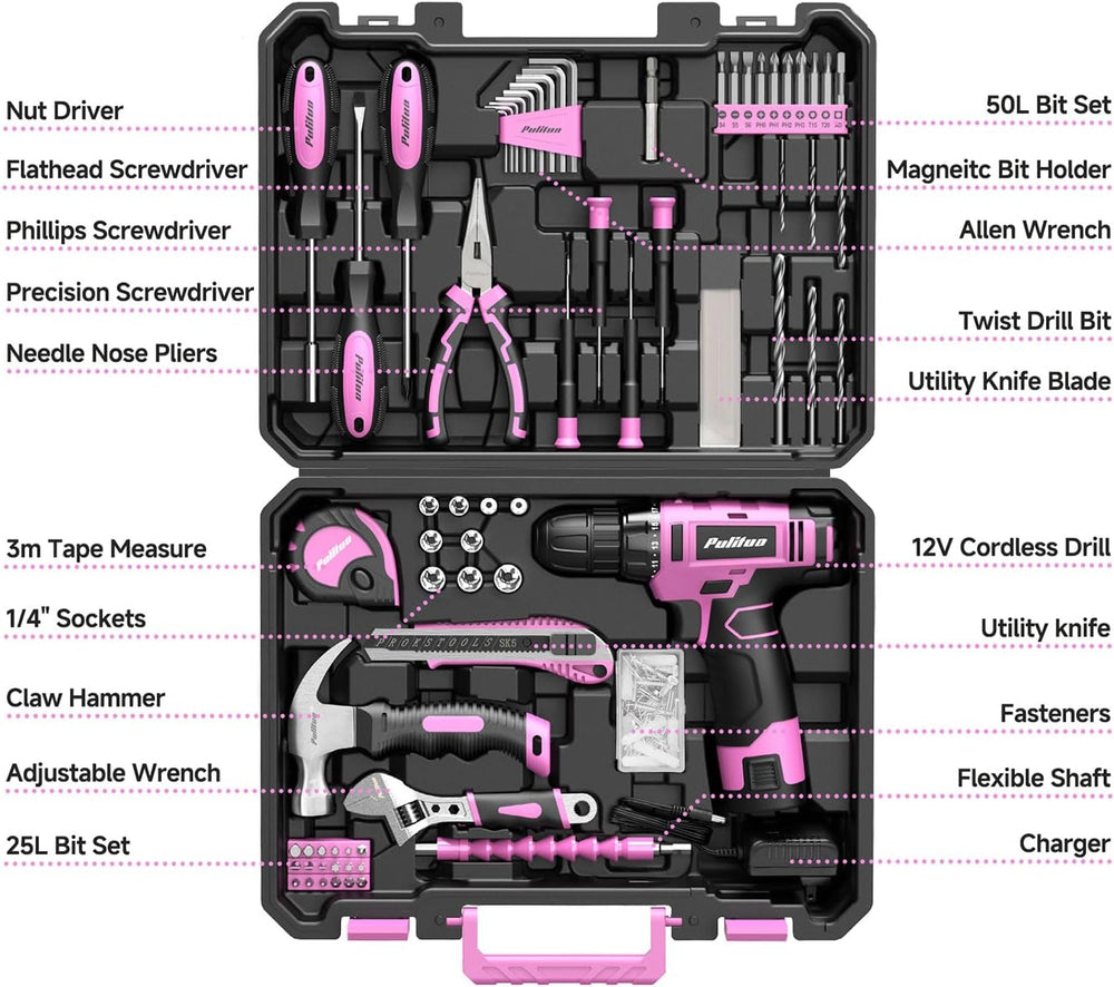 PULITUO Drill Set, 149-Piece Home Tool Set with 12V Pink Cordless Drill, Tool...