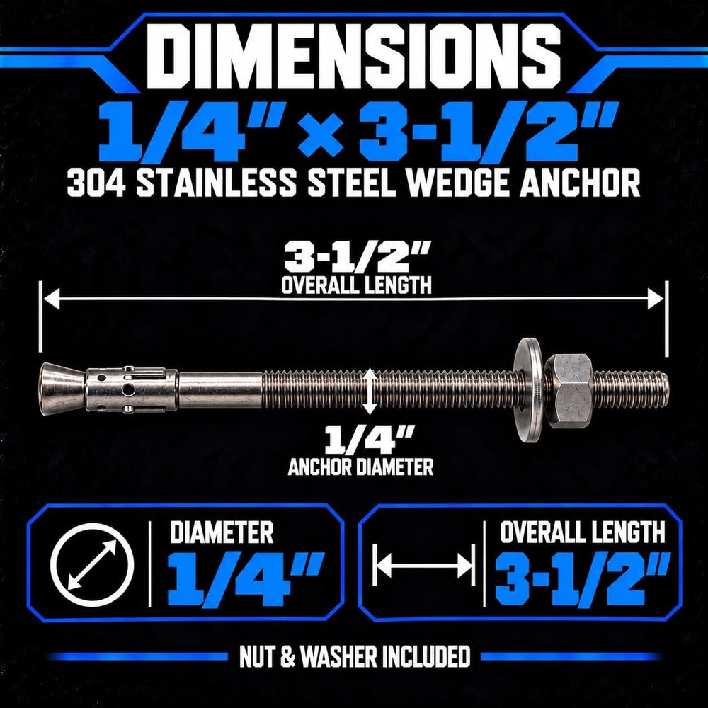 Mighty Fasteners 304 Stainless Steel Wedge Anchors 1/4" X 3-1/2" - ...