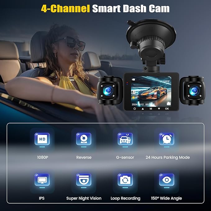 4 Channel Dash Cam Front and Rear Inside Left Right, 2.4 Inch 1080P Dash Camera