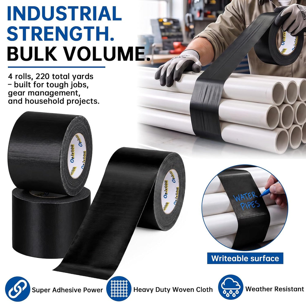 Black Duct Tape Bulk, 4 Inches x 55 Yards, 4 Pack