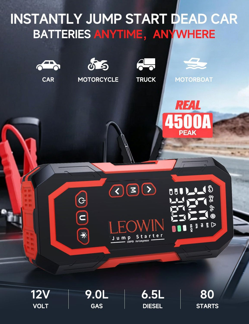 LEOWIN Jump Starter with Air Compressor Portable, Red