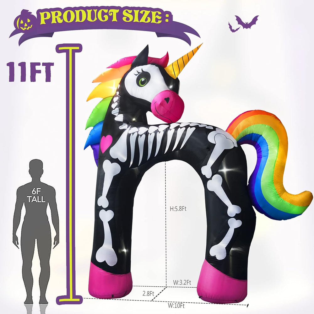 11FT Giant Halloween Inflatables Arch, Rainbow Skeleton Unicorn Decoration