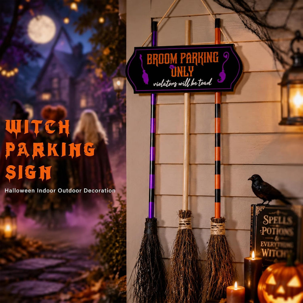 Halloween Broom Parking Sign with 3 Wooden Witch Brooms