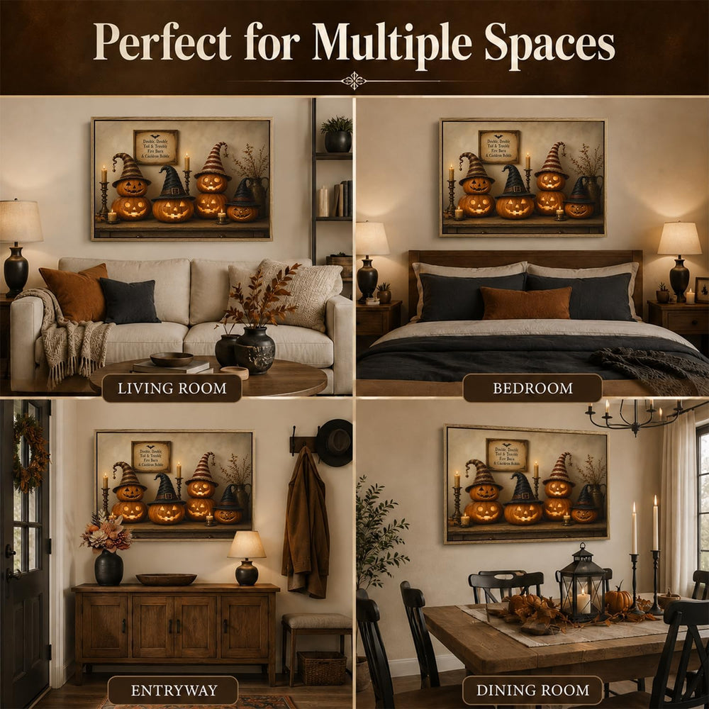 Halloween Framed Canvas Wall Art, Pumpkin and Witch Hats Halloween Pictures