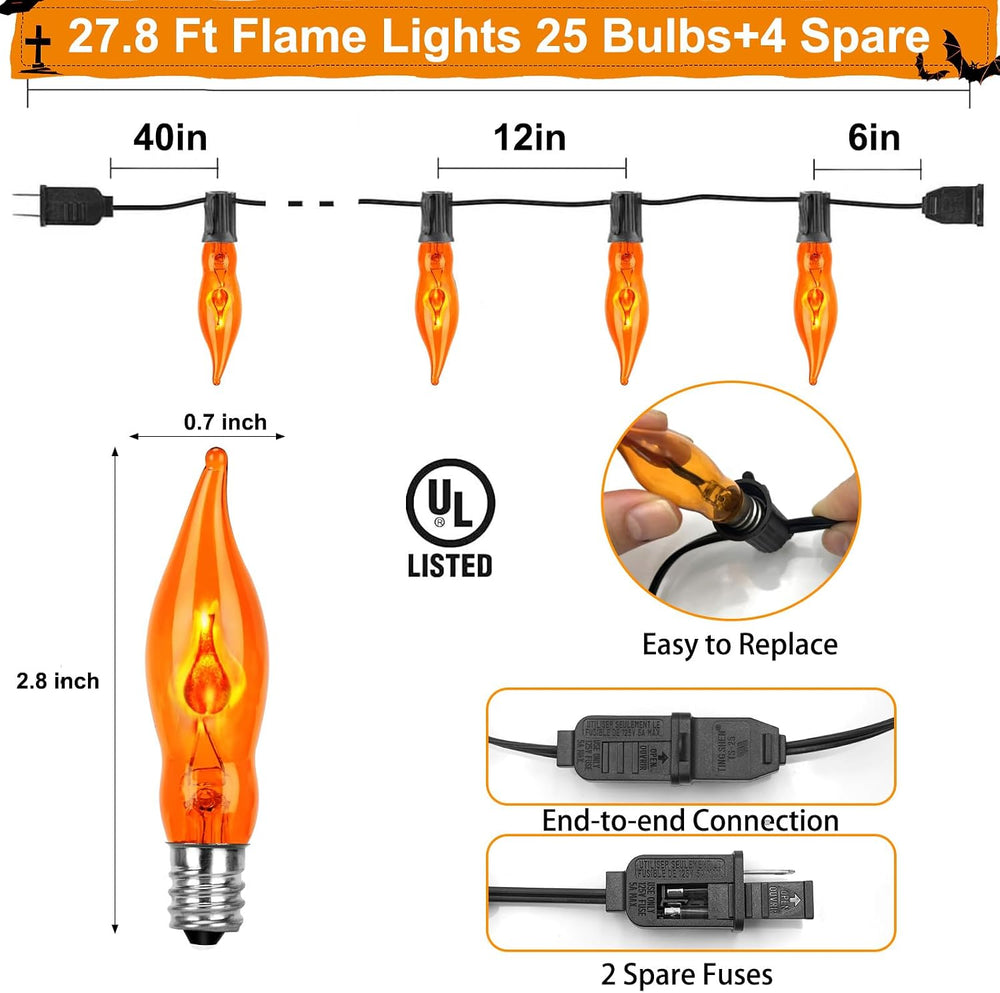Halloween Lights 27.8 FT Flickering Flame String Lights with 25 Orange C18 Li...