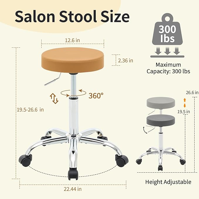 Rolling Massage Chair, Adjustable Hair Cutting Stool 19.5’’-26.6’’, Camel Brown