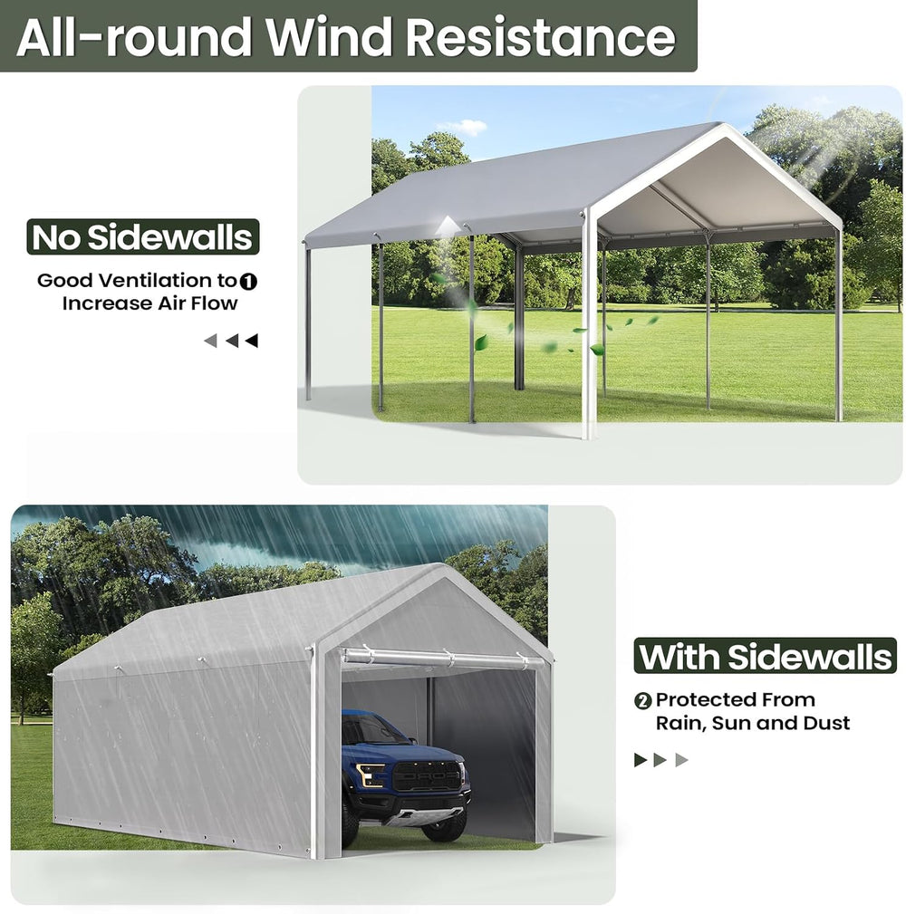 10x20 Carport with Sidewalls, Portable Garage Canopy for Truck Boat Storage