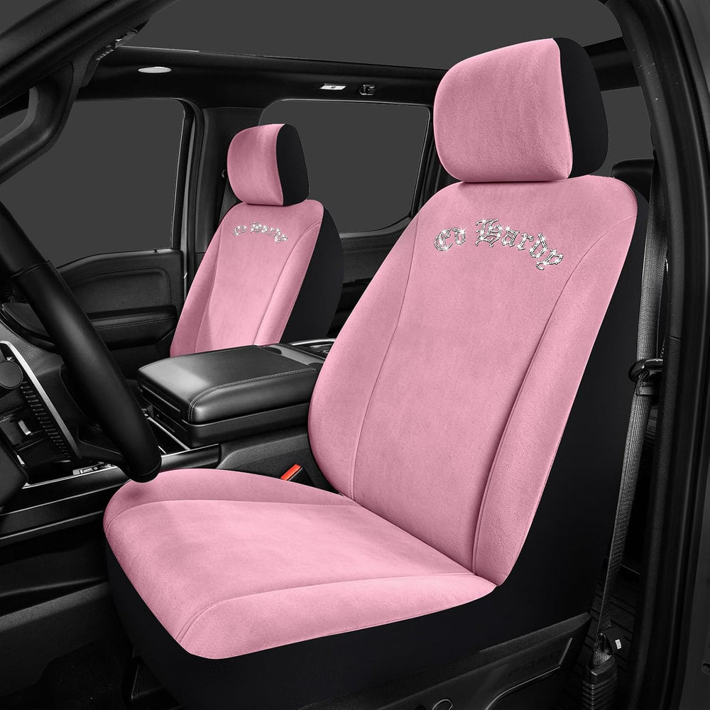 ED HARDY Car Seat Covers, Pink Soft Short Plush & Silver Diamond Graphic