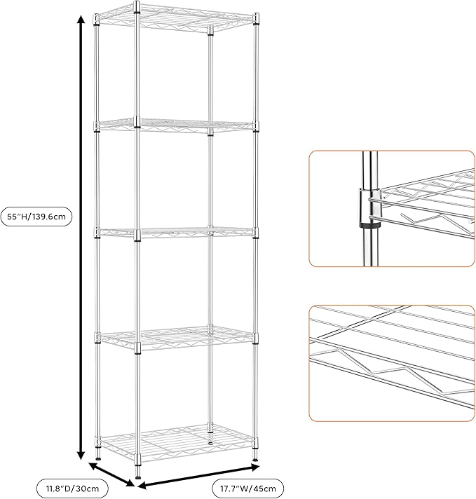 5 Tiers Shelf Metal Storage Shelves Wire Rack Closet Organizers