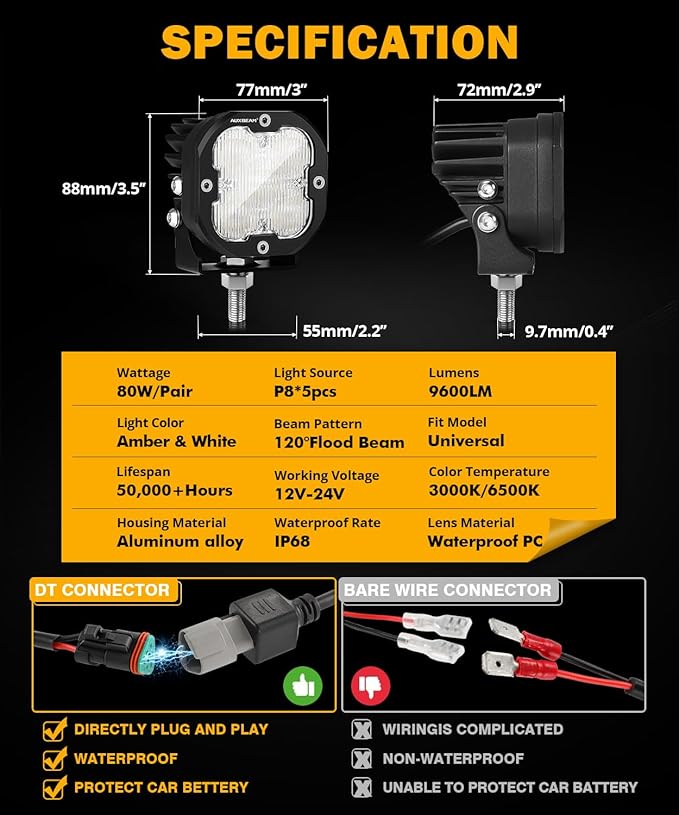 Auxbeam XP-Ultra Series 3 Inch Flood Beam LED Pods, 9600LM White Offroad