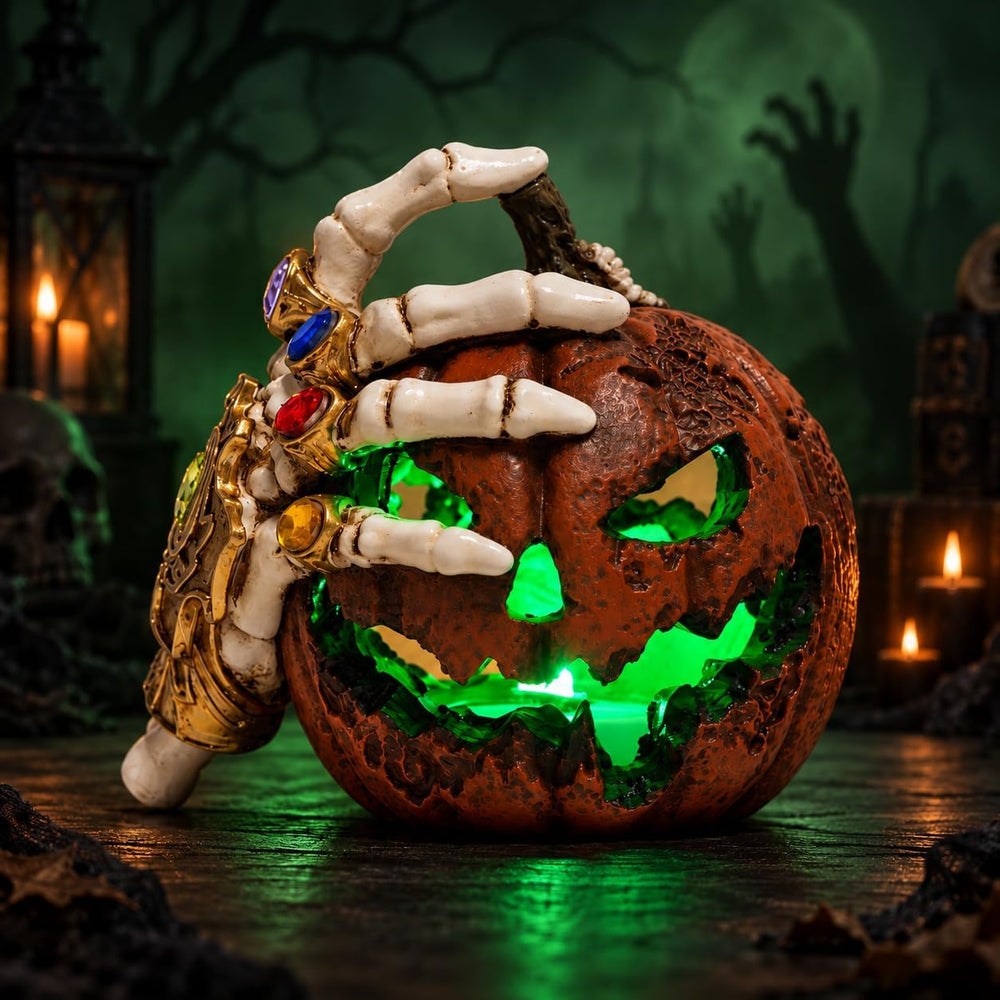 Halloween Jack O Lantern with Skeleton Hand, Green LED Pumpkin Light