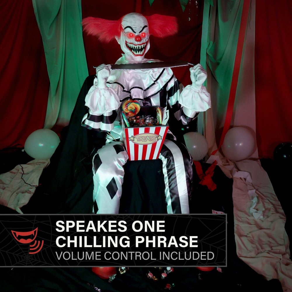 Haunted Hill Farm 4.1-Ft. Candy Clown Animatronic with Saw Halloween Decor