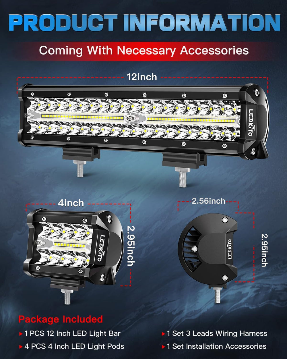 12Inch LED Light Bar and 4In LED Cube Pod Lights with Wire Harness
