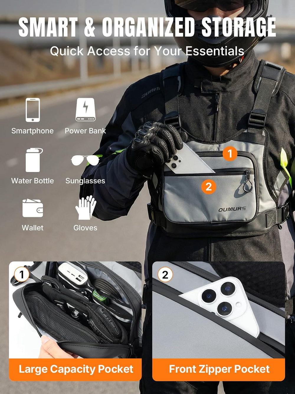 Oumurs Reflective Motorcycle Chest Bag with Quick-Release Buckle for Men &amp...