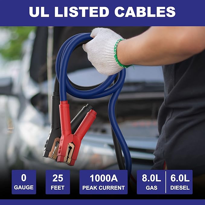 Heavy Duty Jumper Cables, 0 Gauge 25 Feet 1000Amp Booster Cables, UL Listed