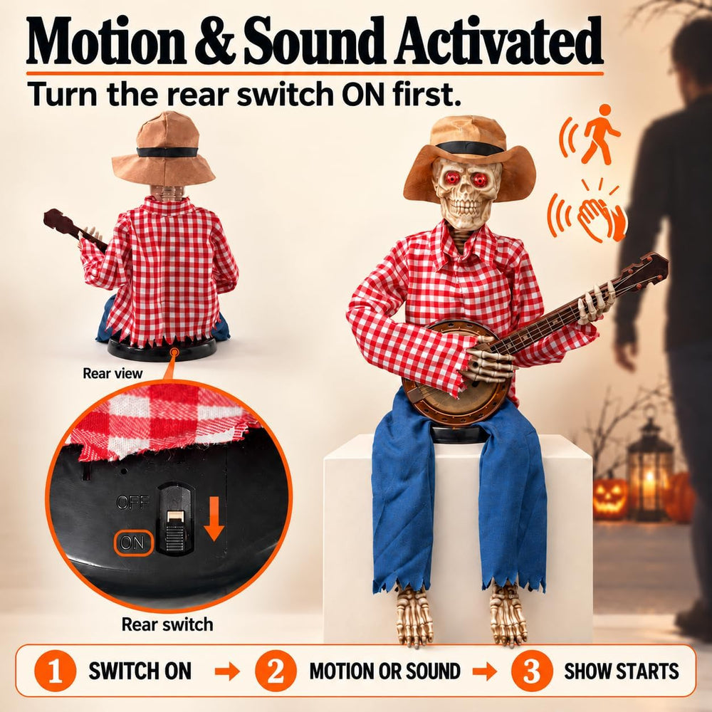 Halloween Animatronics Banjo Skeletons Decorations, Animated Skull with Sound...