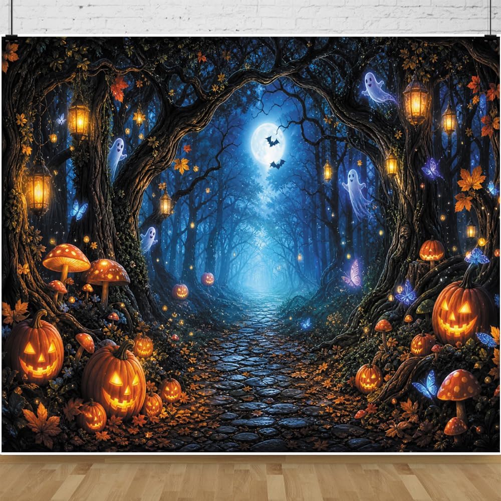 Leowefowa Halloween Enchanted Forest Backdrop 10x8ft Cute Ghost Glowing Lante...