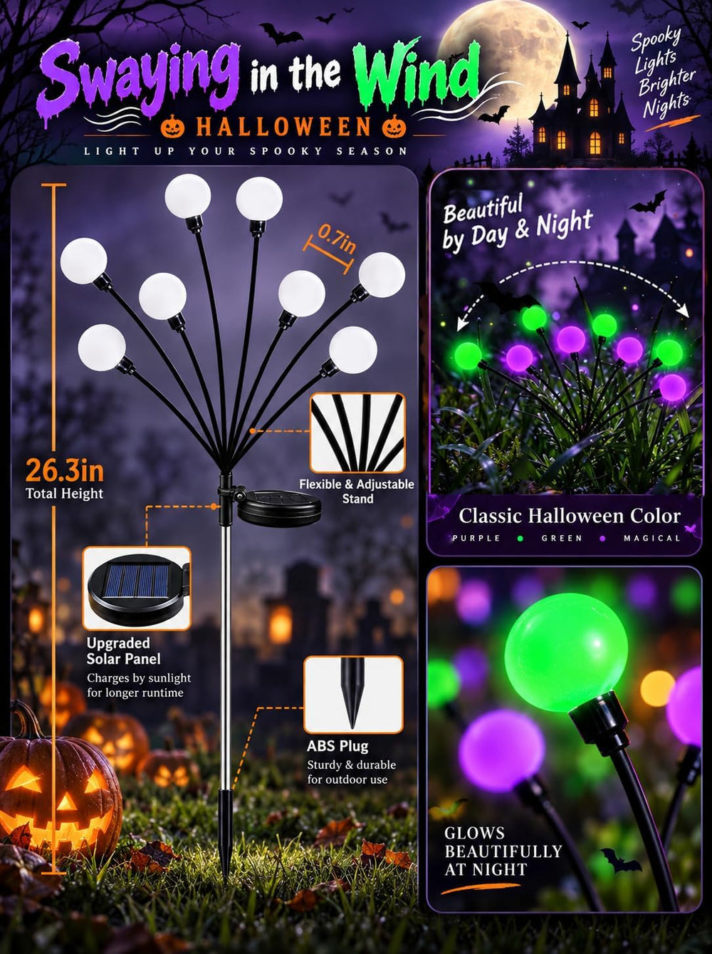 OZS 6Pack 48LED Solar Firefly Halloween Lights Outdoor for Party Decor
