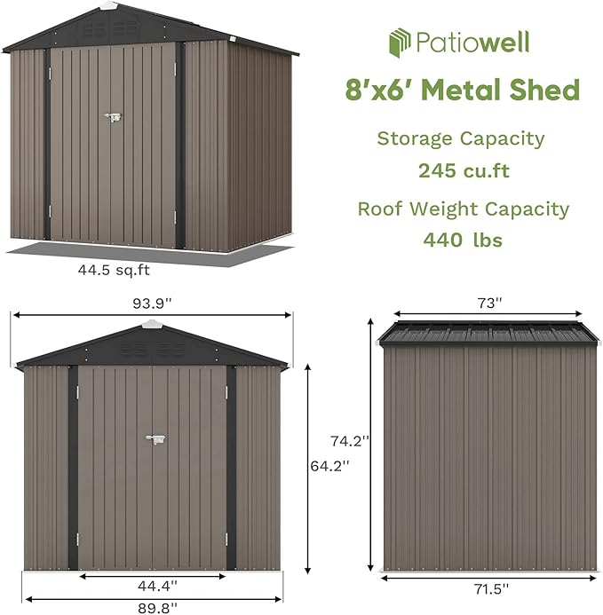 Patiowell 8x6 FT Outdoor Storage Shed, Metal Tool shed & Outdoor Storage