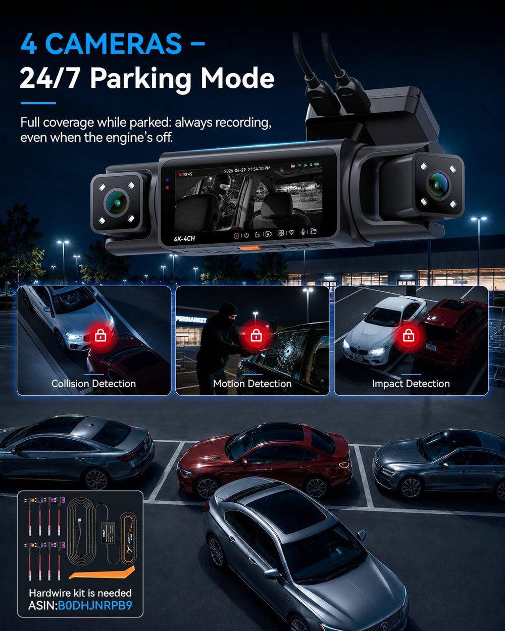 IIWEY N7 PRO 4K STARVIS 4-Channel Dash Cam 360° View, 8-IR Night Vision